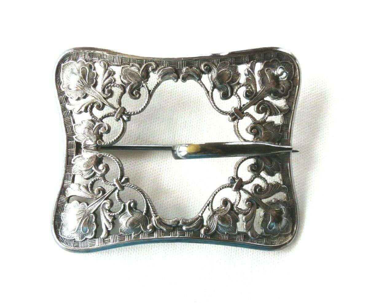 Repousse Victorian Sash Brooch Pin Floral Silver Tone 2 1/2" X 2"